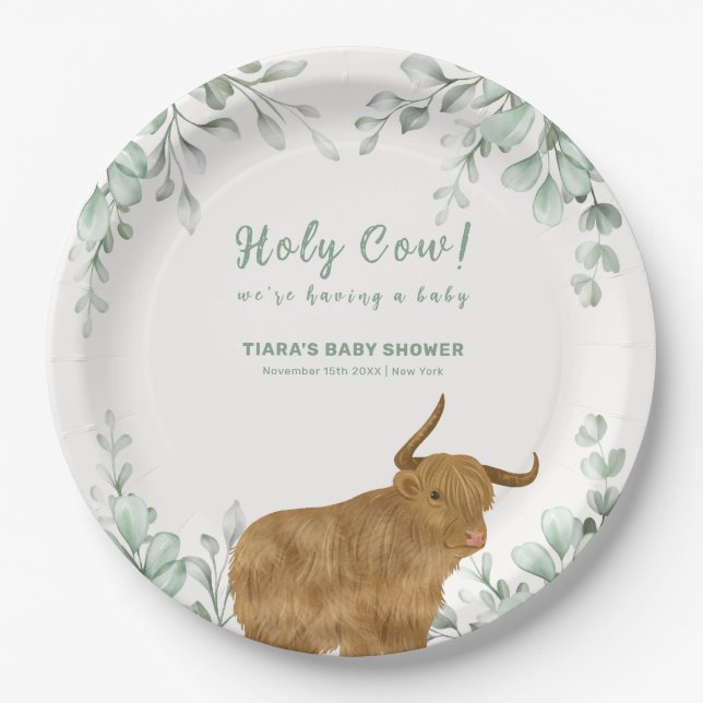Holy Cow Rustic Boho Greenery Baby Shower  Paper Plate (Front)