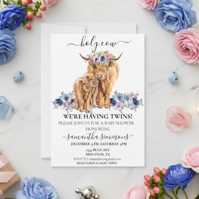 Holy Cow Twins Highland Calf Baby Shower Pink Blue Invitation (Creator Uploaded)