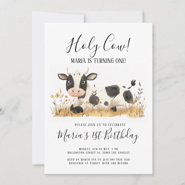 Holy Cow Watercolor Birthday Party Invitation (Front)