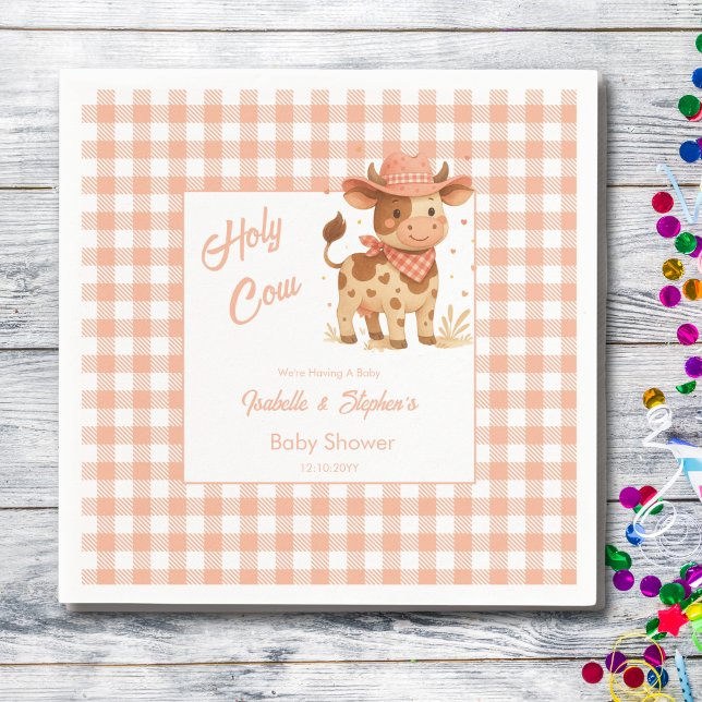 Holy Cow We're Having A Baby Rustic Peach Plaid  Napkin (Creator Uploaded)