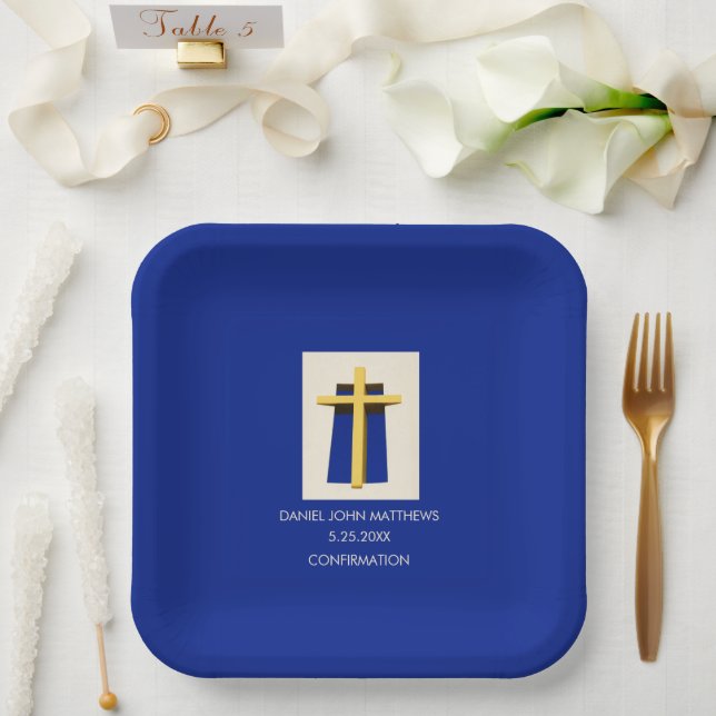 Holy Cross and Bold Blue Religious Confirmation  Paper Plate (Wedding)
