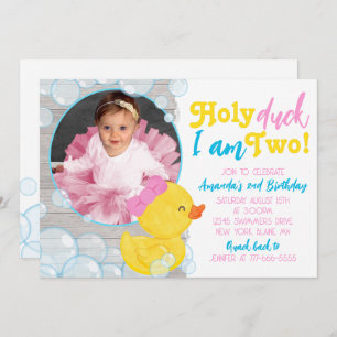Holy Duck I'm Two Girl Ducky Photo Birthday Invitation