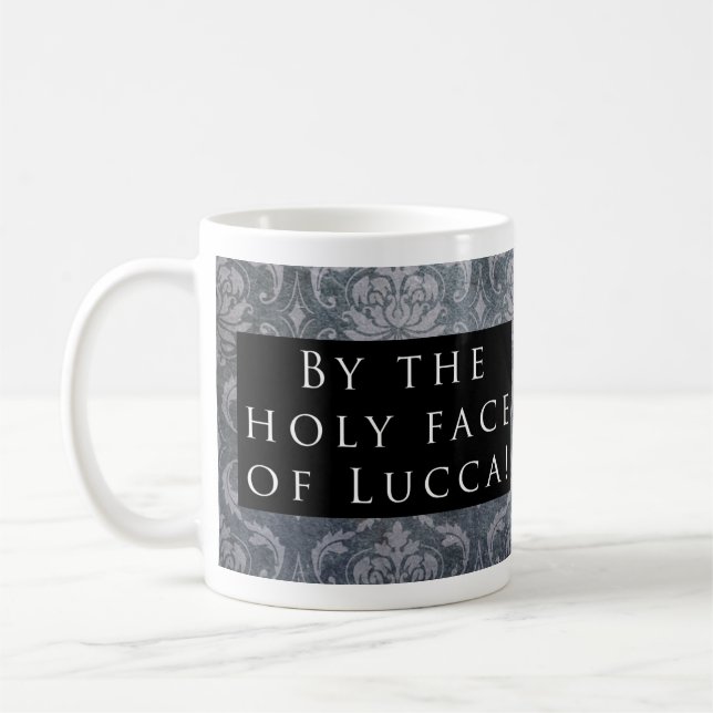 Holy Face of Lucca! Pattern Black Coffee Mug (Left)