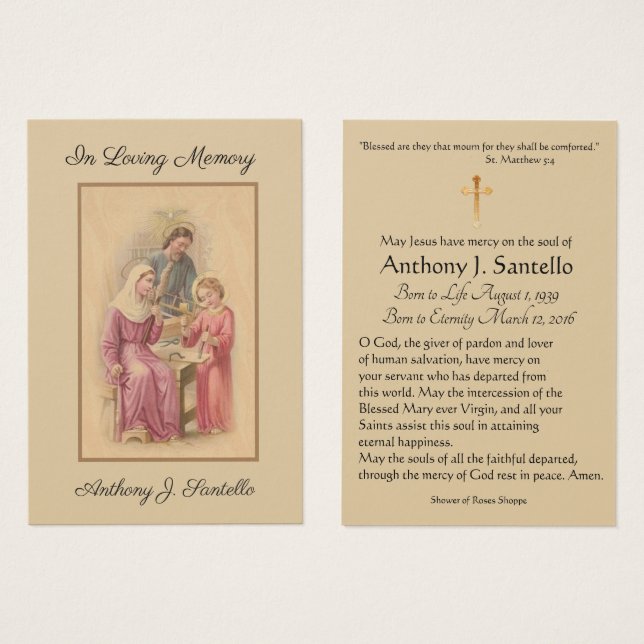 Holy Family Funeral Sympathy Prayer Holy Card (Front & Back)