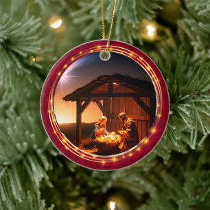 Holy Family Manger Nativity Scene Merry Christmas Ceramic Ornament