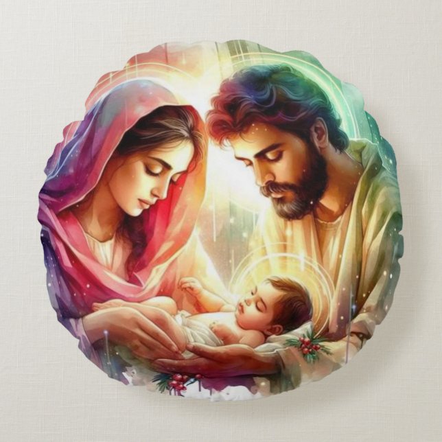 Holy Family Radiance: A Nativity Blessing Round Pillow (Front)