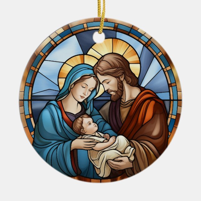 Holy Family Stained Glass Christmas Nativity Ceramic Ornament (Front)