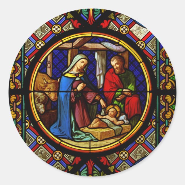 Holy Family "Stained Glass"  Classic Round Sticker (Front)
