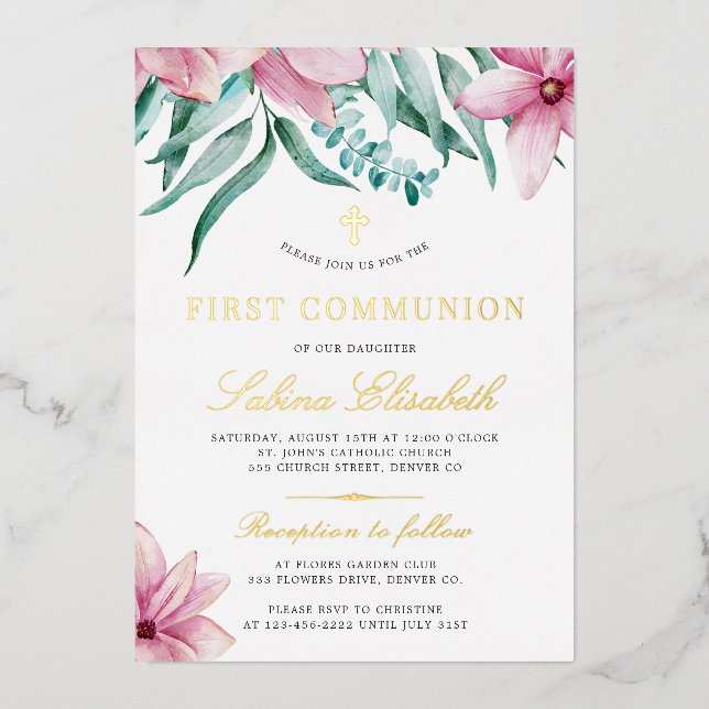 Holy first communion floral pink elegant gold (Front)