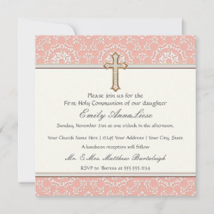 Holy First Communion Gold Golden Cross Lace Girl Invitation