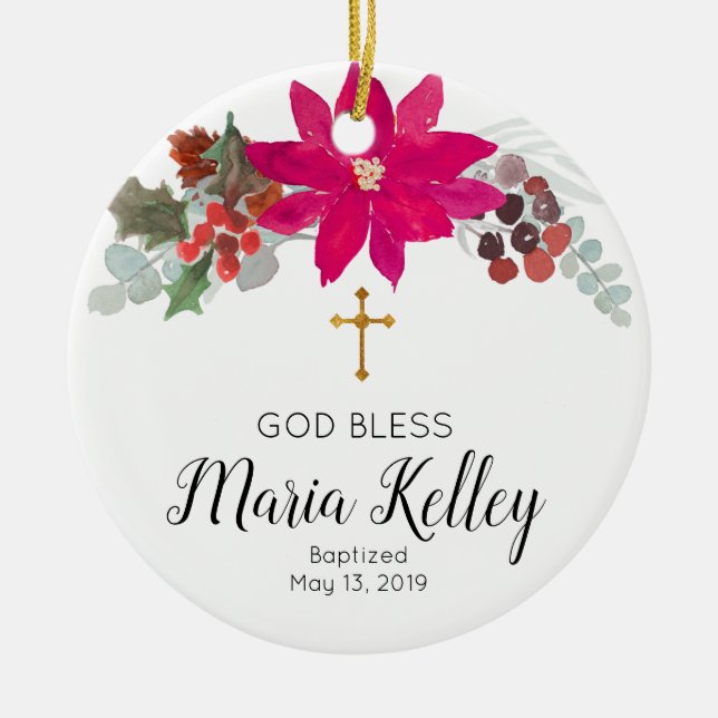 Holy Floral Personalized Girl Baptism Ornament (Front)