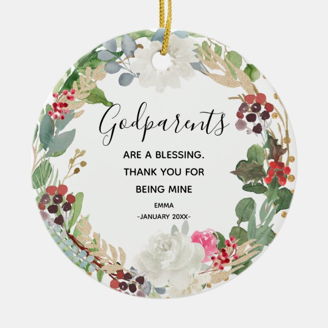 Holy flower Personalized Godparents Christmas Ceramic Ornament (Front)