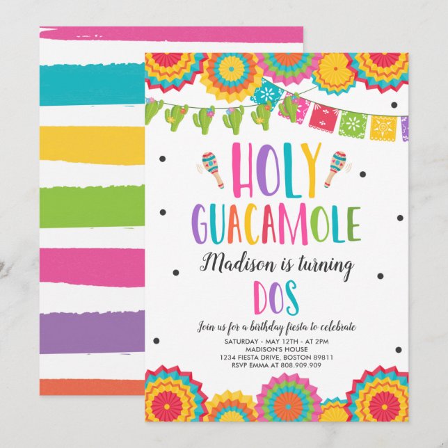Holy Guacamole Dos 2nd Birthday Cactus Fiesta Invi Invitation (Front/Back)