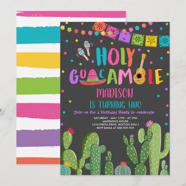 Holy Guacamole Uno 1st Birthday Cactus Fiesta Invi Invitation (Front/Back)