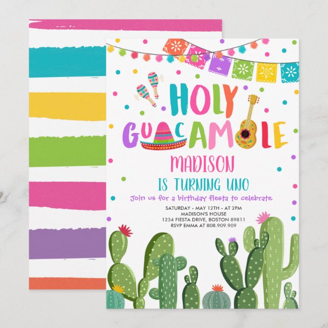 Holy Guacamole Uno 1st Birthday Cactus Fiesta Invi Invitation (Front/Back)