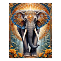 Holy indian elephant on ethnic pattern and flowers