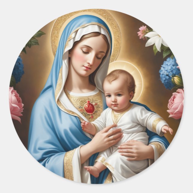 Holy Mary and Baby Jesus Classic Round Sticker (Front)