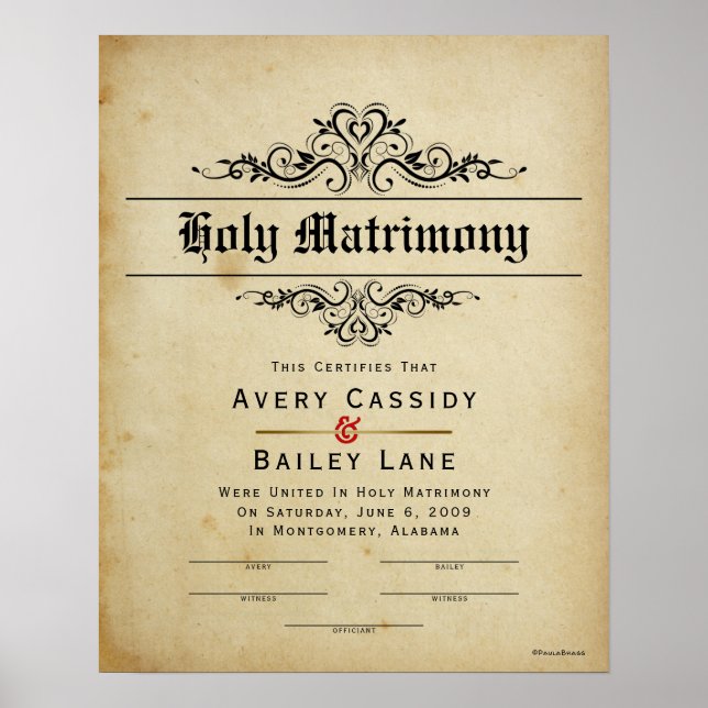 "Holy Matrimony" Antique Wedding Certificate Poster (Front)