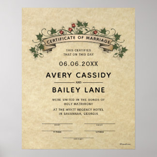 "Holy Matrimony" Traditional Wedding Certificate Poster