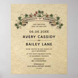 "Holy Matrimony" Traditional Wedding Certificate Poster