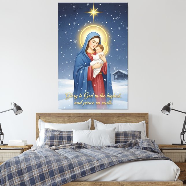 Holy Mother & Baby Jesus Stretched Canvas Print (Insitu(Bedroom))