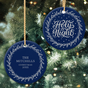 Holy Night Blue Silver Script Elegant Keepsake Ceramic Ornament
