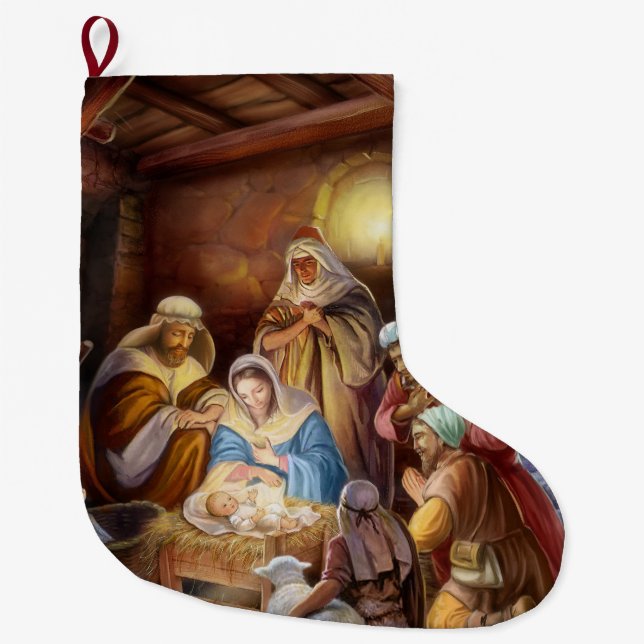 Holy night jesus in manger large christmas stocking (Front)
