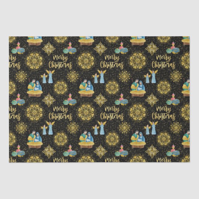 Holy Night Nativity Mary Joseph Jesus Golden Stars Tissue Paper (Front)