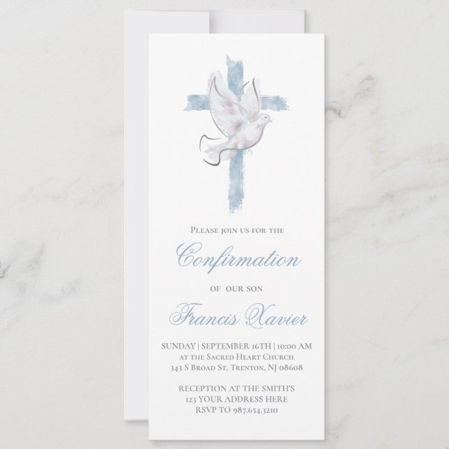Holy Spirit blue cross Confirmation Invitation (Front)