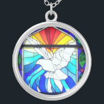 Holy Spirit Stained Glass Dove Confirmation Silver Plated Necklace<br><div class="desc">This is a beautiful stained glass image of the Holy Spirit | Holy Ghost in the shape of a dove. A lovely gift for someone receiving the Sacrament of Confirmation. The Shower of Roses Shoppe also carries coordinating confirmation cards,  holy hards,  and men's ties.</div>
