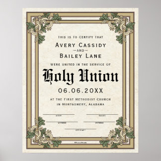 "Holy Union" Antique Scroll Wedding Certificate Poster