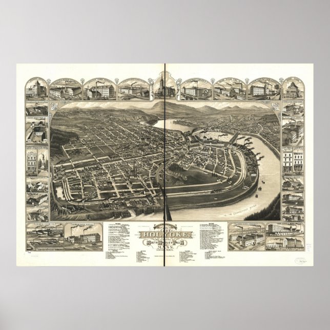 Holyoke Massachusetts 1881 Antique Panoramic Map Poster (Front)