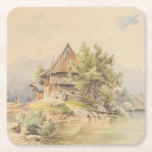 Holzhütte am See – Carl Lafite Square Paper Coaster