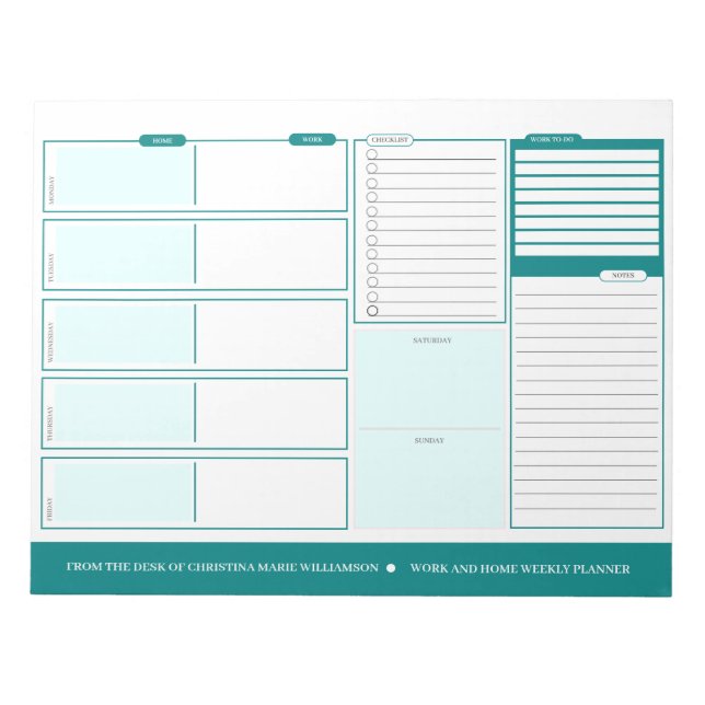 Home and Work Weekly Teal Desck Planner Notepad (Front)