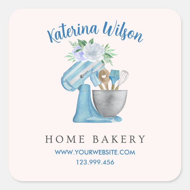 Home Bakery Blue Flower Mixer Square Sticker (Front)