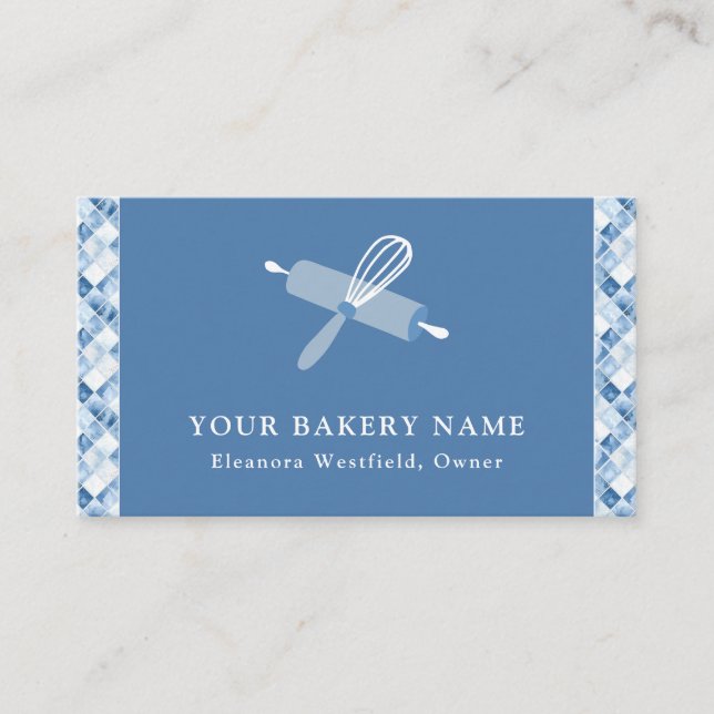 Home Bakery Dusty Blue Check Pattern Business Card (Front)