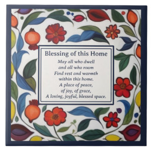 Home Blessing Sign Plaque Floral Pomegranates Tile