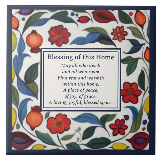 Home Blessing Sign Plaque Floral Pomegranates Tile (Front)