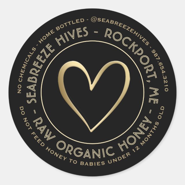 Home Bottled Organic Honey Label with Gold Heart  (Front)