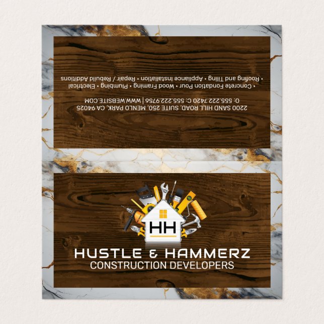 Home Build Construction Tools | Wood | Marble Business Card (Outside Unfolded)