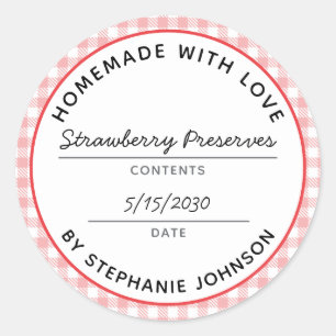 Home Canning Product Name Date Red Plaid Jar Lid Classic Round Sticker