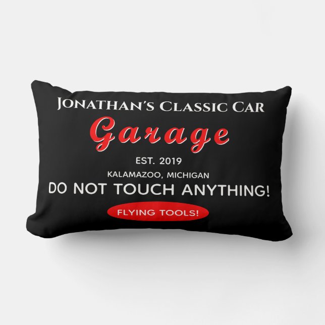 Home Car Mechanic Garage Flying Tools Black Lumbar Pillow (Front)