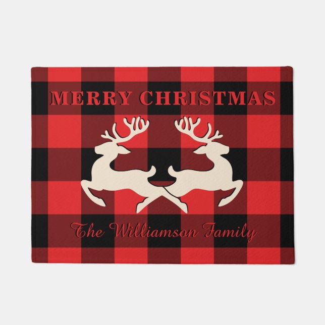 Home Christmas Deer Antlers Red Black Gingham Doormat (Front)