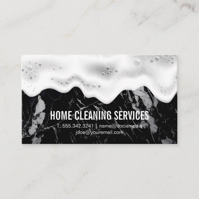 Home Cleaning Logo | Soap Suds | Black Marble Business Card (Front)