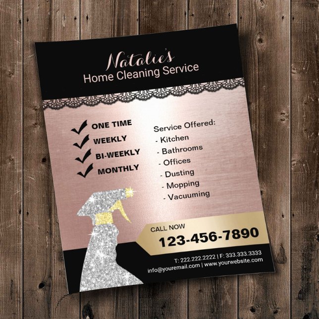 Home Cleaning Maid Service Rose Gold Black Lace Flyer (Creator Uploaded)