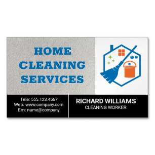 Home Cleaning   Mop Broom House Logo Magnetic Business Card