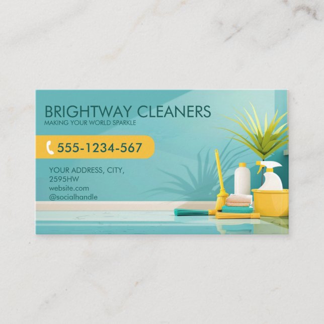  Home Cleaning Services Teal Yellow QR Code Business Card (Front)