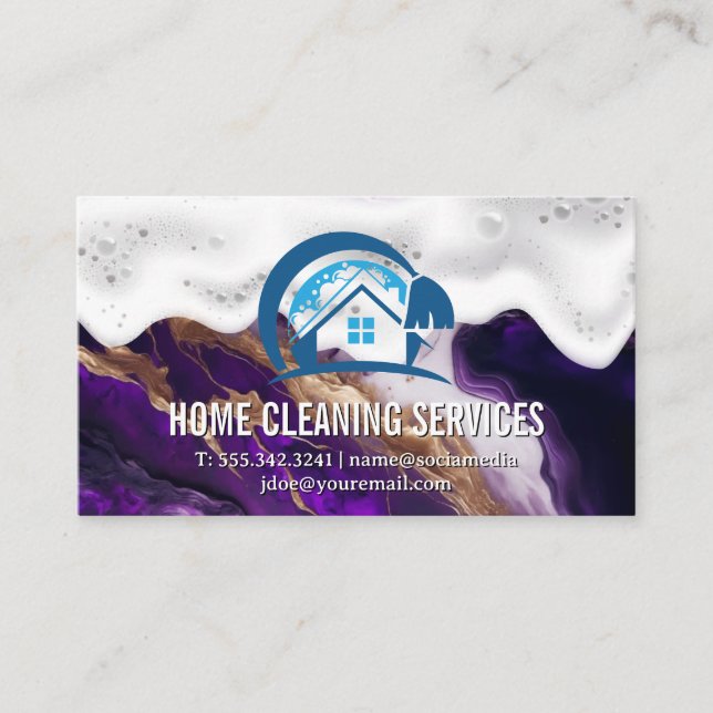 Home Cleaning | Soap Suds | Purple Metallic Marble Business Card (Front)