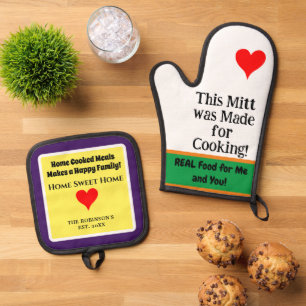 Home Cooked Green Orange Purple NAME Oven Mitt & Pot Holder Set