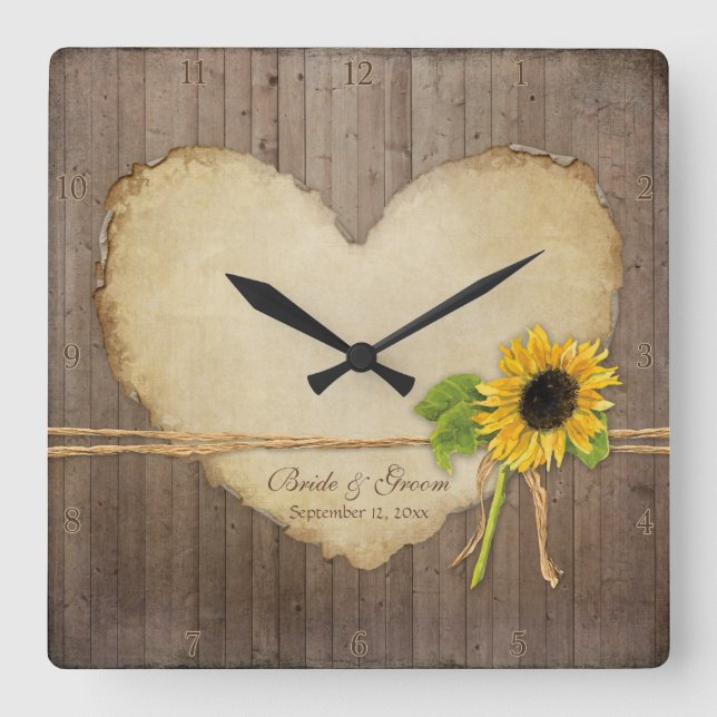 Home Decor Rustic Wood Fence Boards Heart Bridal Square Wall Clock (Front)